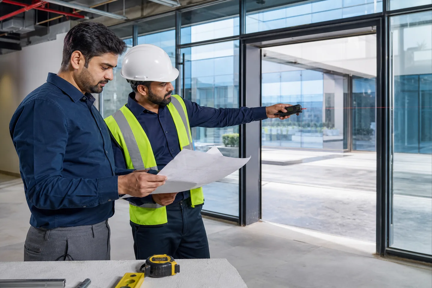 Automatic entrance specialists measuring a modern glass doorway in India