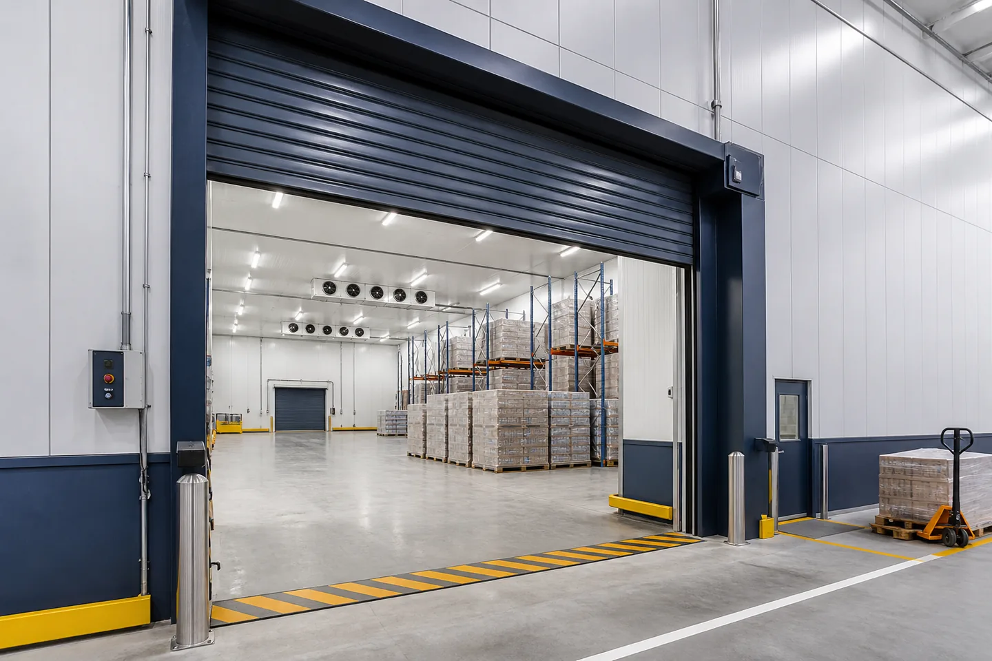 Automatic rolling shutter at a clean modern Indian warehouse entrance