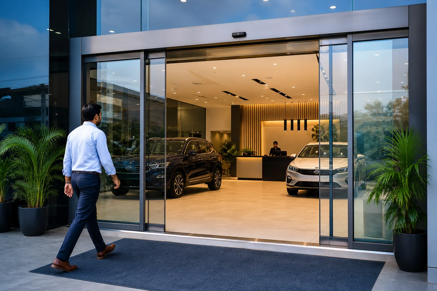 Customer approaching an automatic sliding glass entrance at a modern automobile showroom