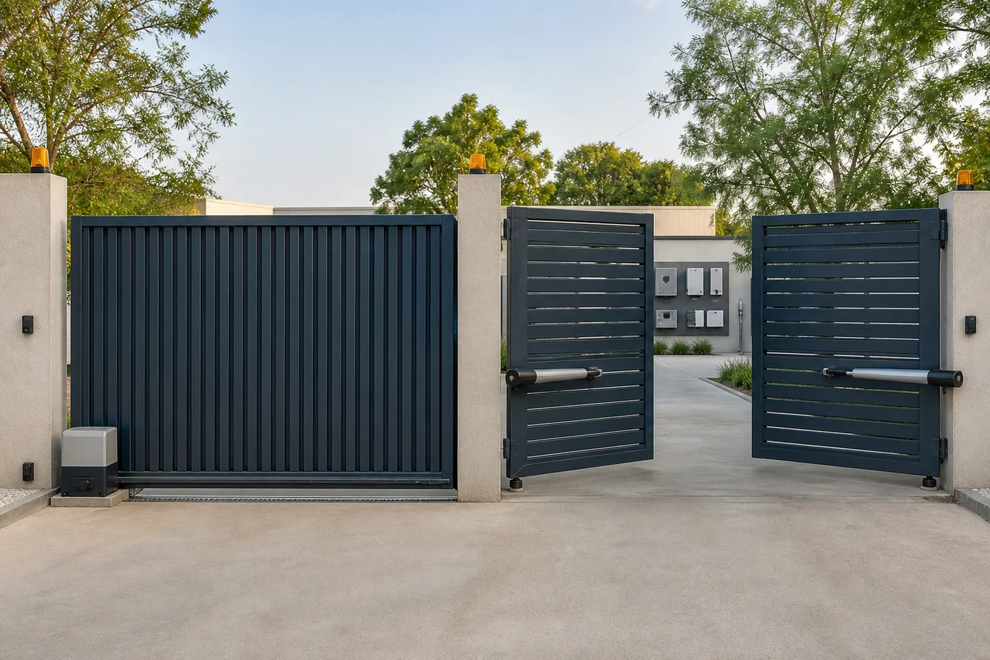 Automatic sliding and swing gate systems at a modern demonstration site