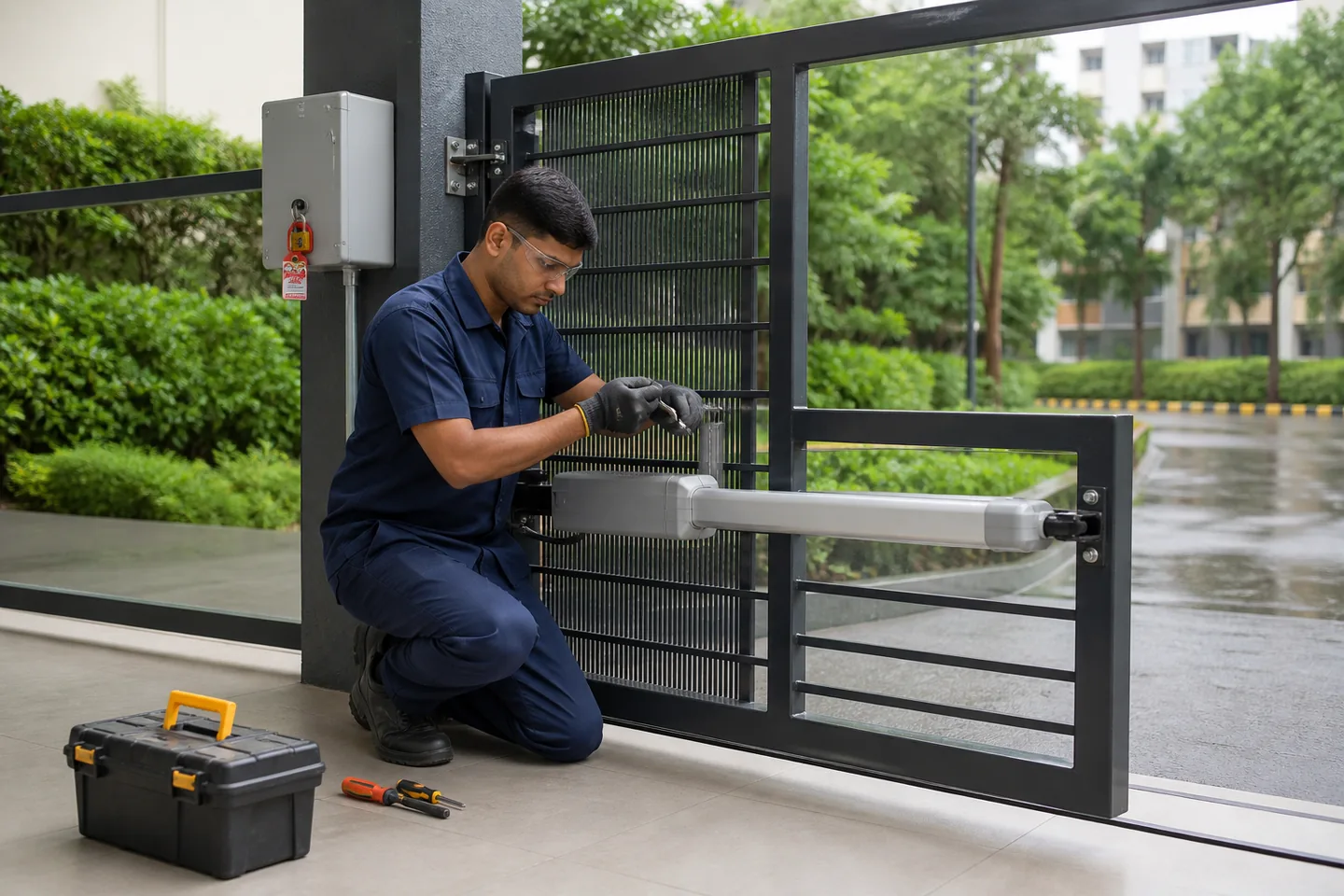 Technician safely inspecting an automatic swing gate in a dry covered area after rain